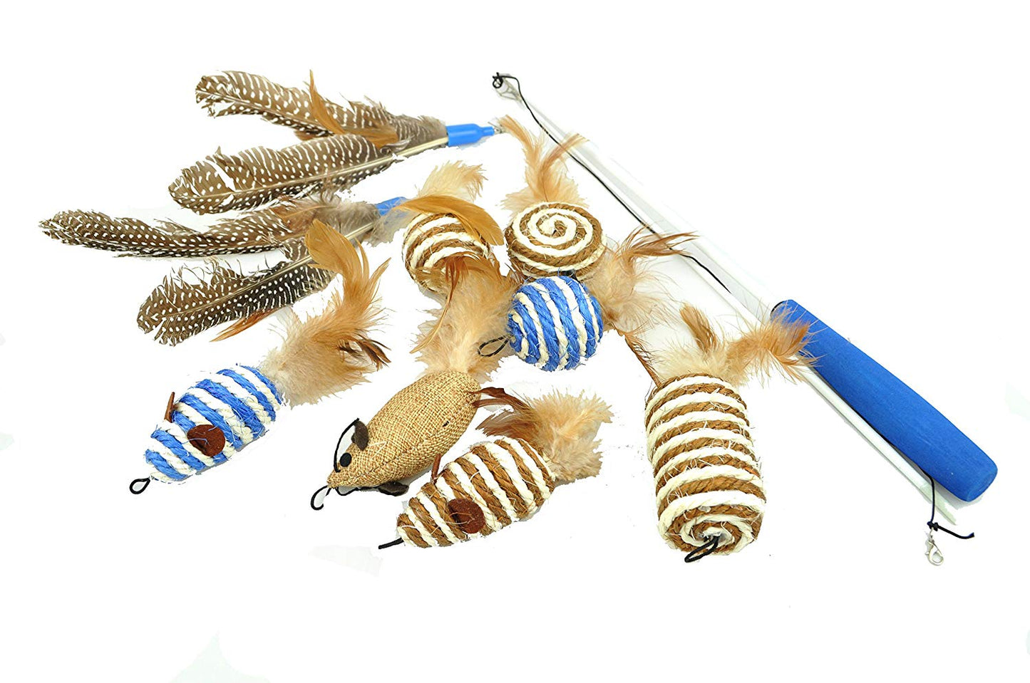 Interactive Cat Toy - Mice and Feathers on Fiberglass Padded Wand