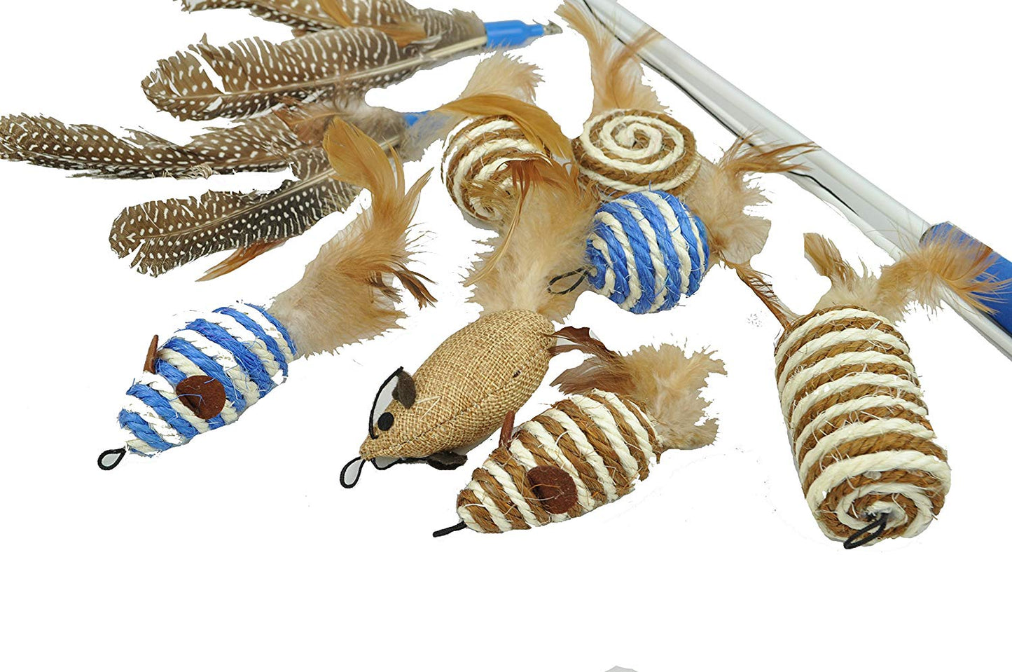 Interactive Cat Toy - Mice and Feathers on Fiberglass Padded Wand