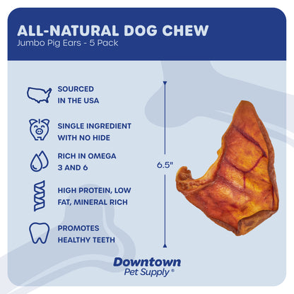 USA Jumbo and Junior Pig Ears for Dogs, Long Lasting American Chew Treat for Aggressive Chewers, Safe and Easily Digestible