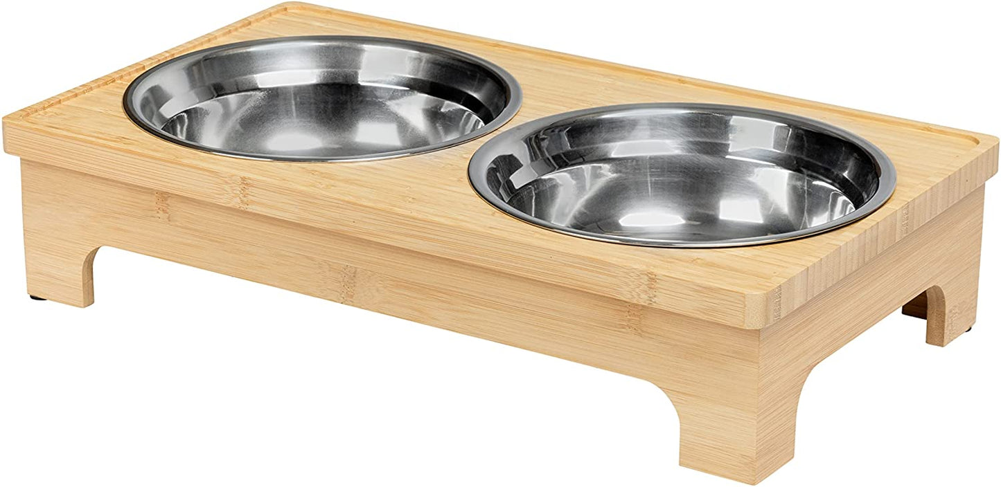 Downtown Pet Supply Adjustable Bamboo Elevated Pet Feeder, Raised X-Large Stainless Steel Durable Food and Water Bowls for Dogs and Cats (3", 8", and 12" Heights)