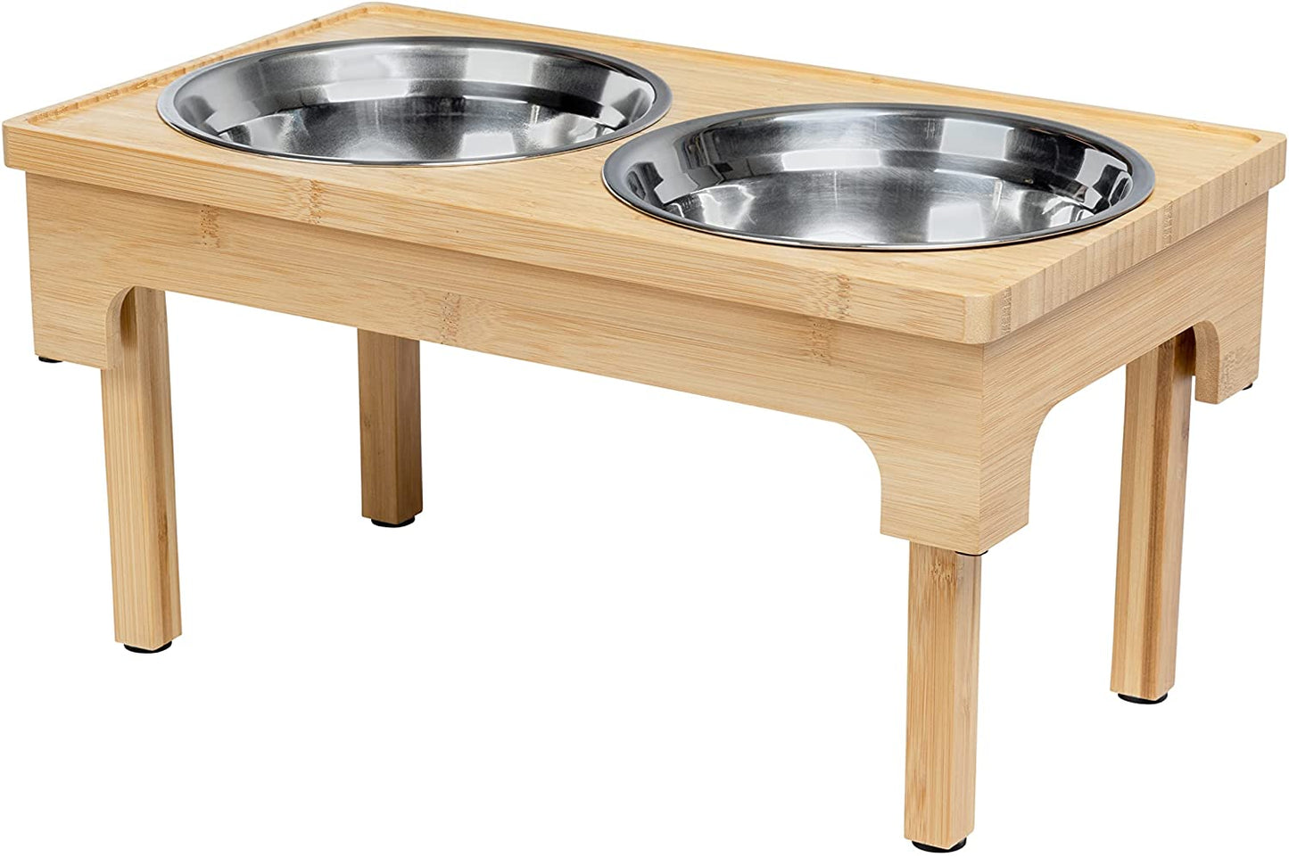 Downtown Pet Supply Adjustable Bamboo Elevated Pet Feeder, Raised X-Large Stainless Steel Durable Food and Water Bowls for Dogs and Cats (3", 8", and 12" Heights)