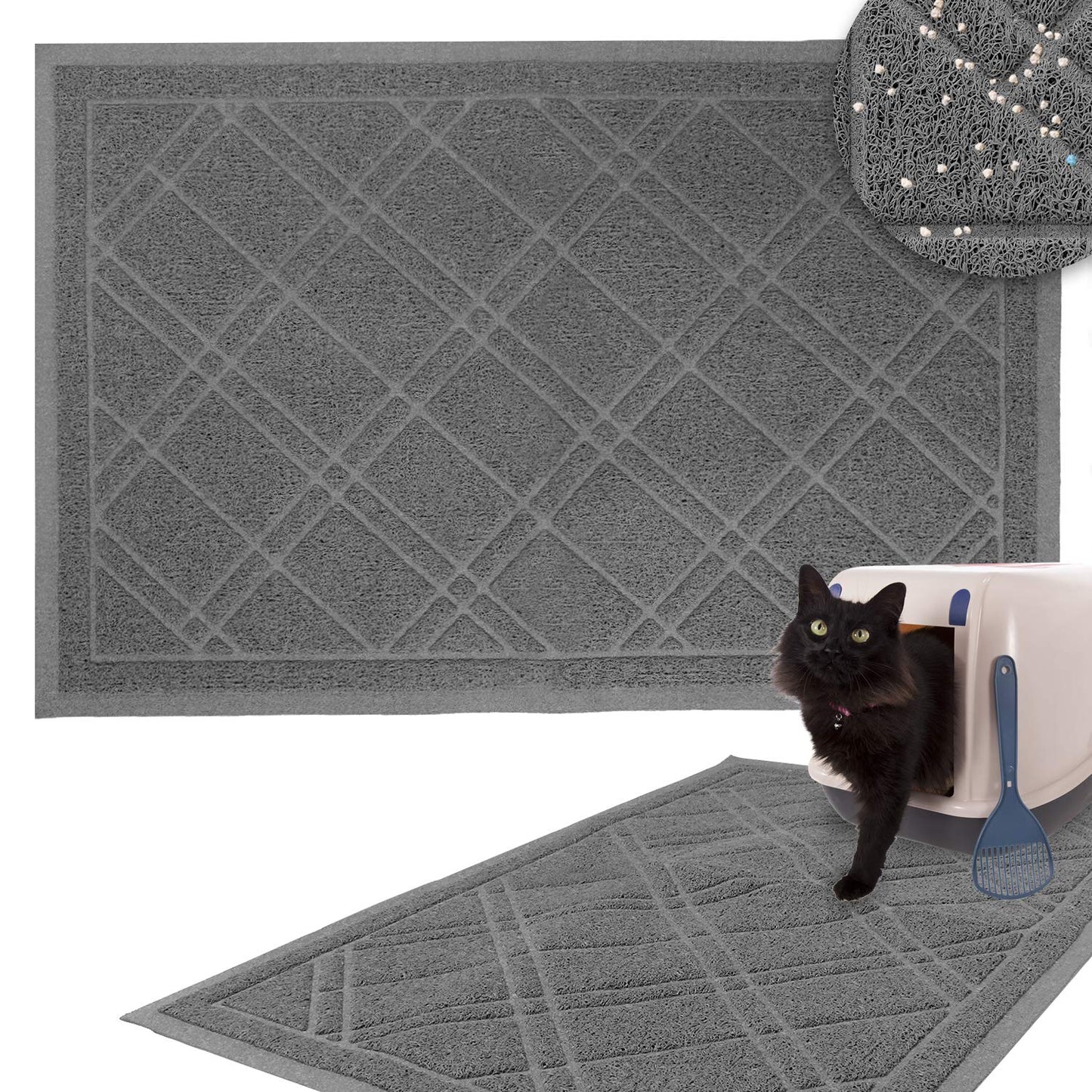 Non-Slip Padded Mesh Kitty Litter Mat Trapping Tray for Cats and Kittens in Grey with Small, Medium, Large Sizes