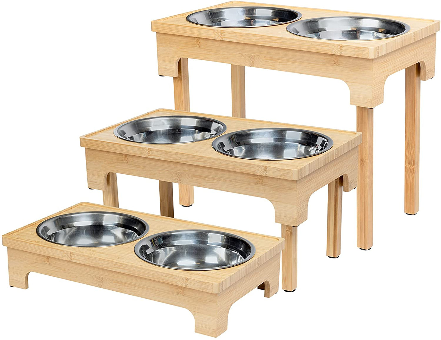 Bamboo Elevated Dog Bowls, Adjustable to 3", 8", and 12" Height
