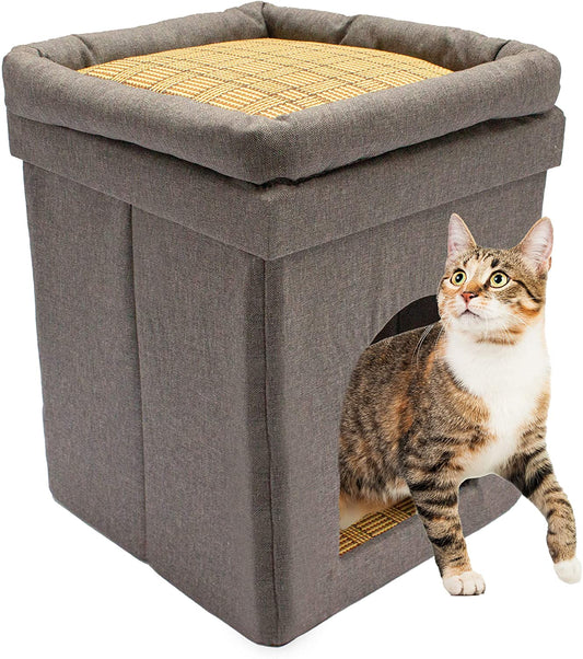 Downtown Pet Supply Collapsible 1-Level Plush Kitty Cube House, Stylish Cat Condo Ottoman (Brown, Grey, and Bamboo)