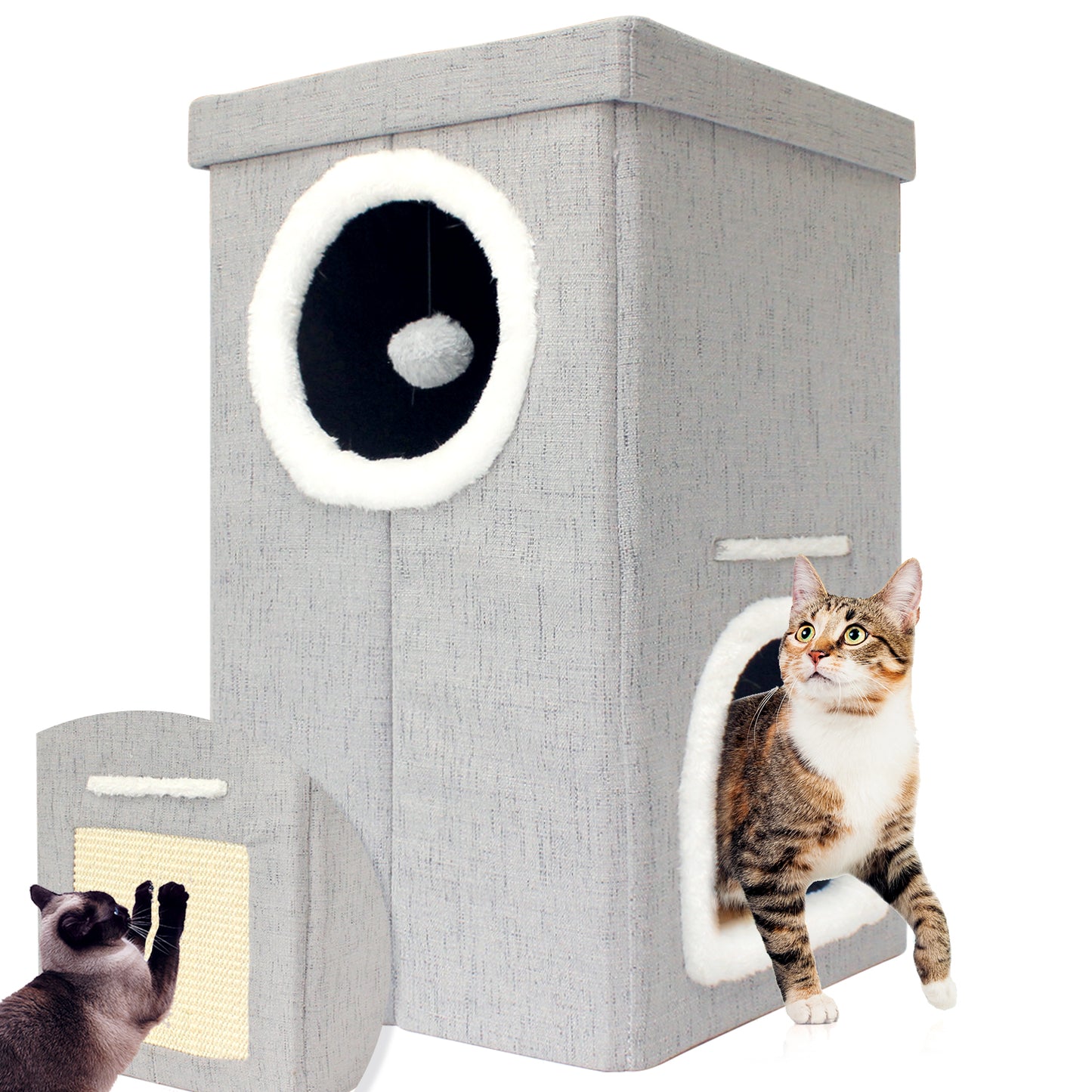 Collapsible 2-Level Plush Kitty Cube House, Stylish Cat Condo
