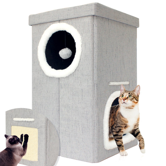 22" Collapsible Plush 2-Level Cat House - Multi-Color Options