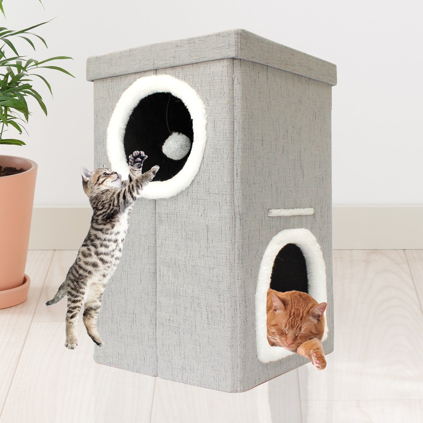 Collapsible 2-Level Plush Kitty Cube House, Stylish Cat Condo