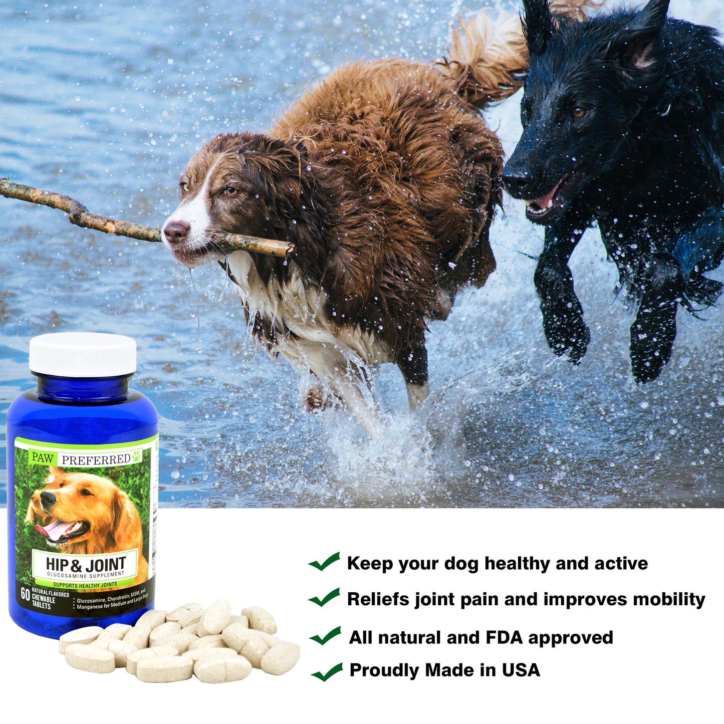 Premium Canine Glucosamine Chondroitin with MSM for Dogs, Great All Natural Beef Liver Chews Supplement for Hip and Joints, Safe and Made in USA