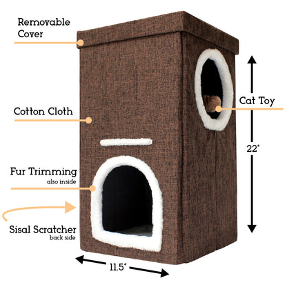 Collapsible 2-Level Plush Kitty Cube House, Stylish Cat Condo